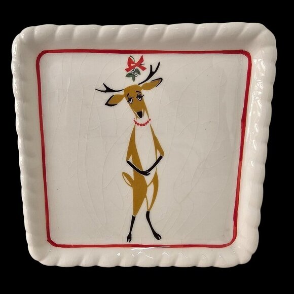 Department 56 Holiday Mistletoe Reindeer Trinket Dish Plate 6" Square White VTG - Picture 1 of 6